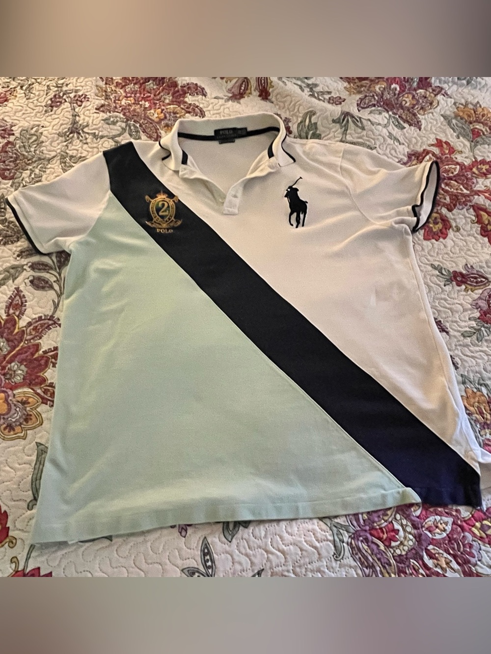 Men’s Polo Ralph Lauren Tshirt 2XL Green Stripe Custom Slim Fit White Navy Blue